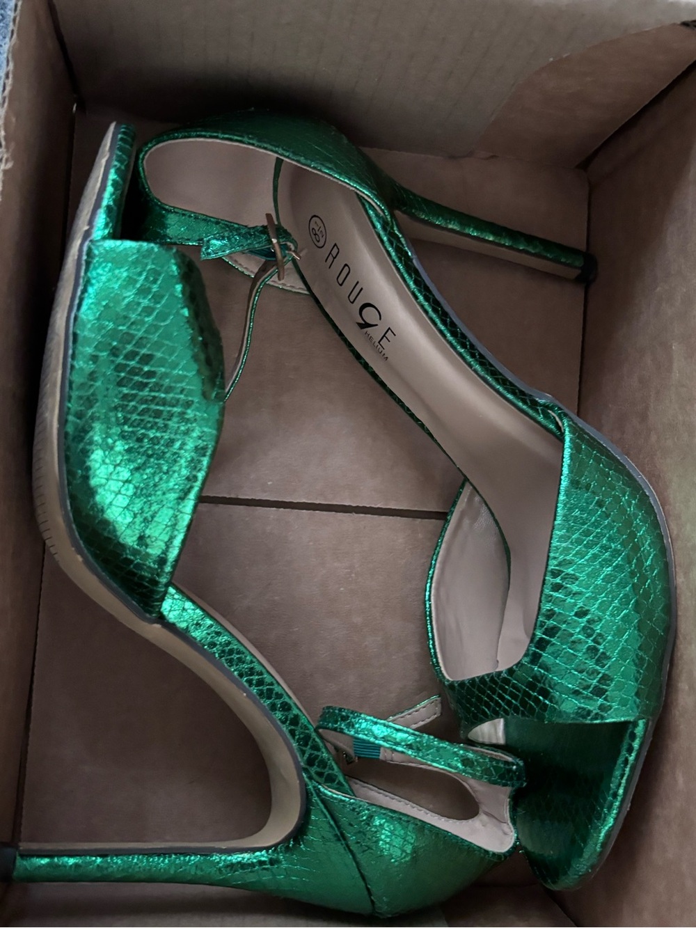 Rouge Helium Metallic Green Snake-Print Stiletto Sandals